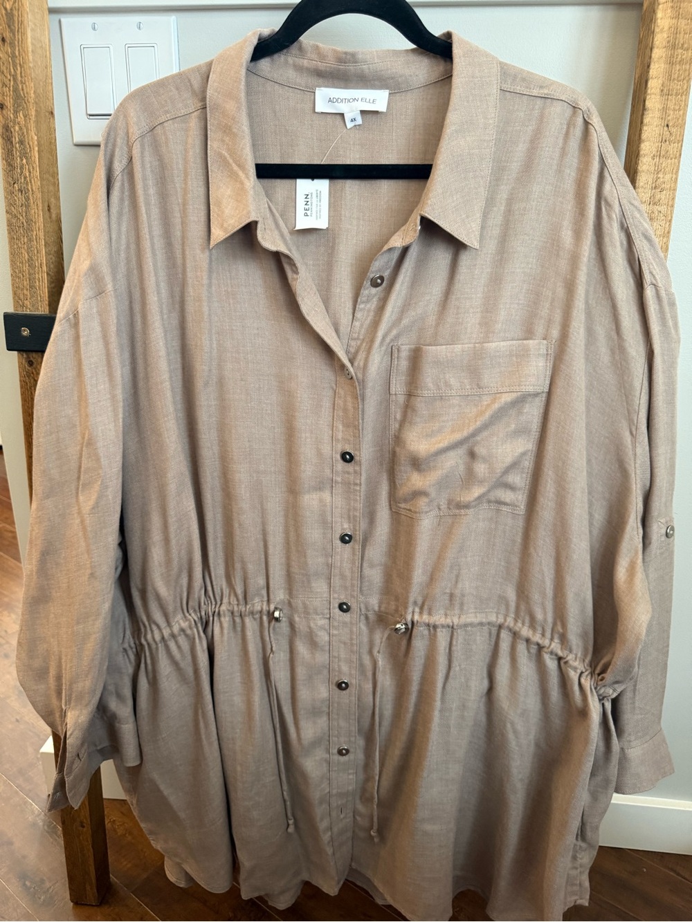 Addition Elle Linen Style Taupe Button-Front Blouse